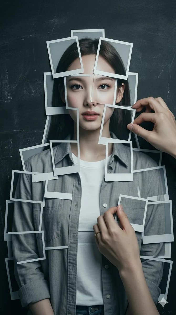 8K 超写实摄影作品：人物形象由拍立得相纸层层叠放组成，置于深色、做旧、石板质感、现代极简风格的背景之上。画面中的人物呈现参考面孔，由约 20…, 图片 1