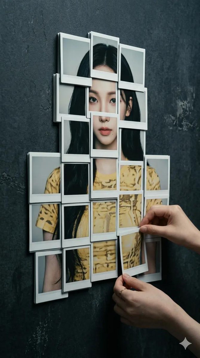 8K 超写实摄影作品：人物形象由拍立得相纸层层叠放组成，置于深色、做旧、石板质感、现代极简风格的背景之上。画面中的人物呈现参考面孔，由约 20…, 图片 2