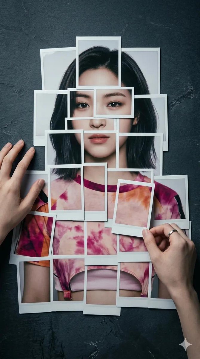 8K 超写实摄影作品：人物形象由拍立得相纸层层叠放组成，置于深色、做旧、石板质感、现代极简风格的背景之上。画面中的人物呈现参考面孔，由约 20…, 图片 3
