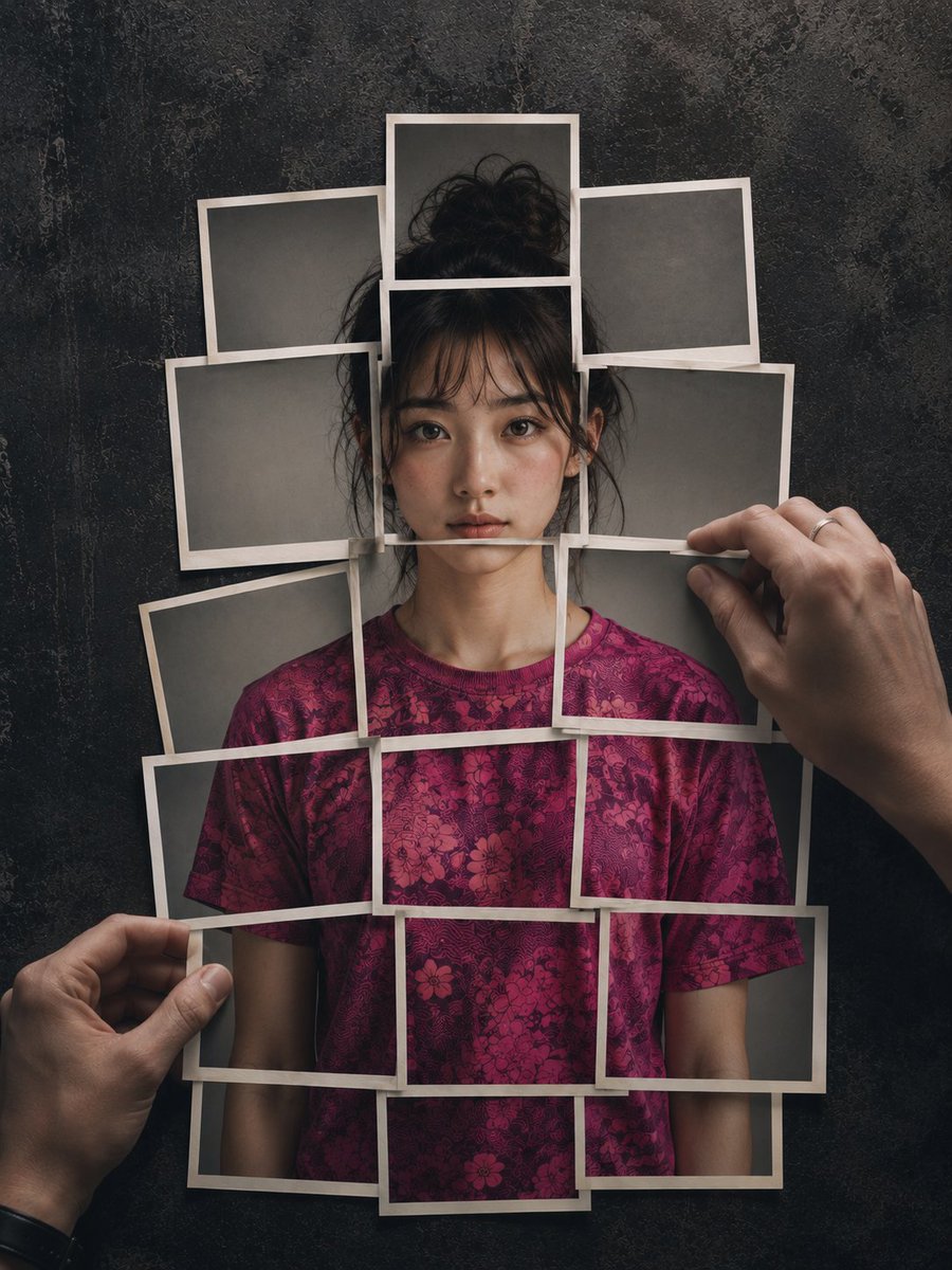 8K 超写实摄影作品，画面中的人形由宝丽来即时成像照片层层叠加在深色、斑驳、带有石板纹理的极简现代背景之上。该人形呈现参考面容，由约 20 张…, 图片 1