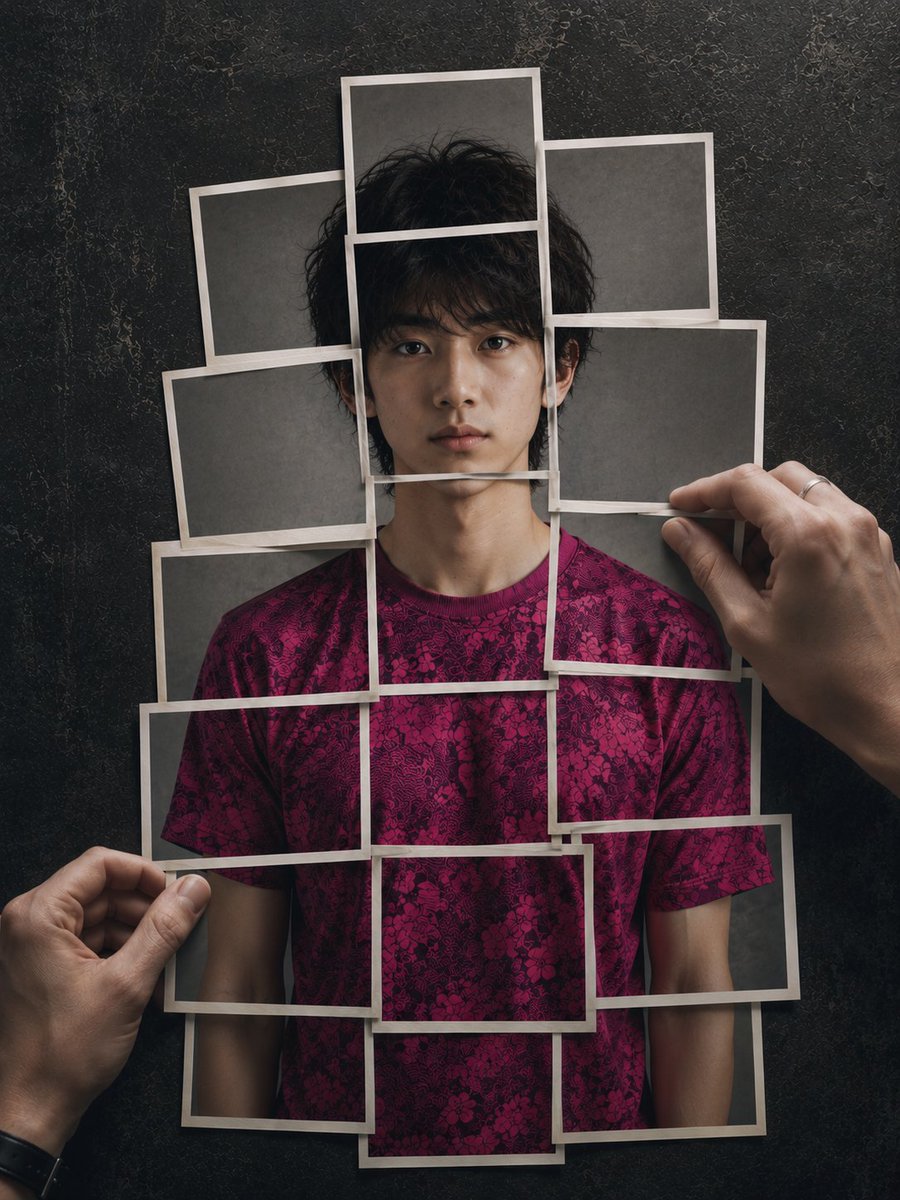 8K 超写实摄影作品，画面中的人形由宝丽来即时成像照片层层叠加在深色、斑驳、带有石板纹理的极简现代背景之上。该人形呈现参考面容，由约 20 张…, 图片 2