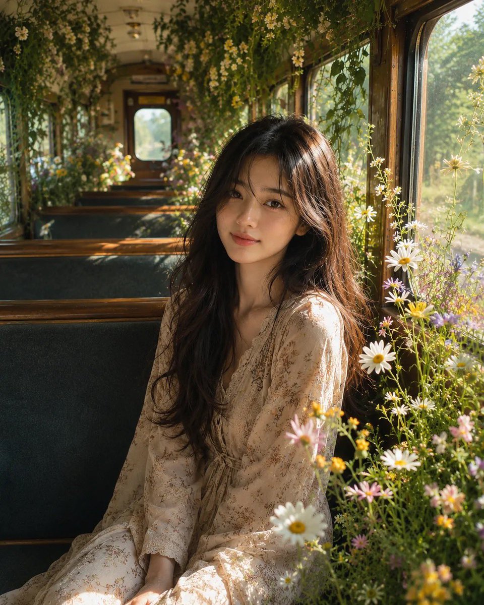 梦幻电影感人像：一位美丽的年轻女子坐在一节被改造成盛开花园的复古火车车厢内。柔和的金色阳光透过大型木框窗户倾泻而入，照亮精致的白色雏菊、野花以…, 图片 2