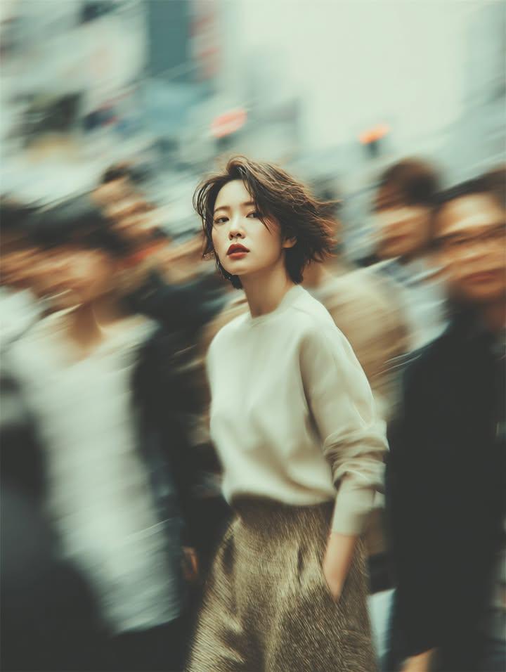 电影感城市街拍人像:一位年轻女性留着短而蓬松的头发,在涌动的人潮中纹丝不动地站立,目光平静而内省地直视镜头。她身穿柔软的米色针织毛衣和有质感的…, 图片 1