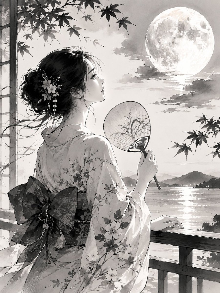 一幅在极简白色背景上绘制的素描,采用单色黑色电影美学,捕捉一位身着浴衣的日本佳人凝视夜晚明月的优雅身姿,以黑墨与浅灰色描绘的画作,柔和的炭笔轮…, 图片 1