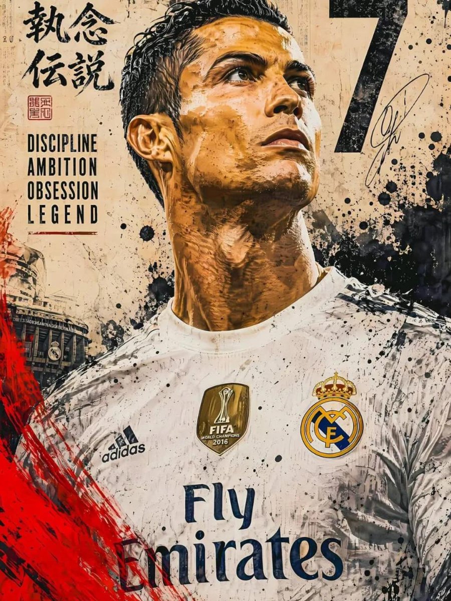 C罗(Cristiano Ronaldo)启发传奇足球海报,超精细数字插画,英雄式仰视目光,强烈坚定的表情,特写肖像主导构图,动态泼溅颜料与墨…, 图片 1