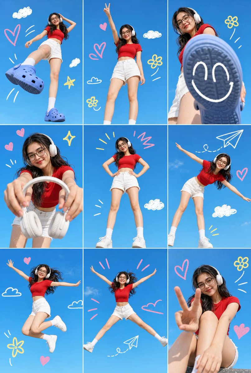 一个 3x3 网格拼贴，包含同一亚洲年轻女性的九张独立照片，从上传的图片中提取，肤色较浅，风格为生活方式和社交媒体内容创作者的美学。她身穿红色…, 图片 1