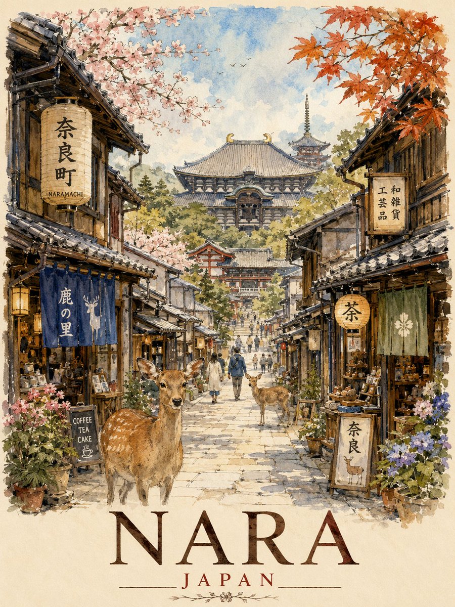 日本奈良的超精细复古旅行海报插画,采用精致的水彩与钢笔素描风格绘制。一条迷人的奈良町传统日本街道向远方延伸,两旁林立着保存完好的木结构町家民居…, 图片 1