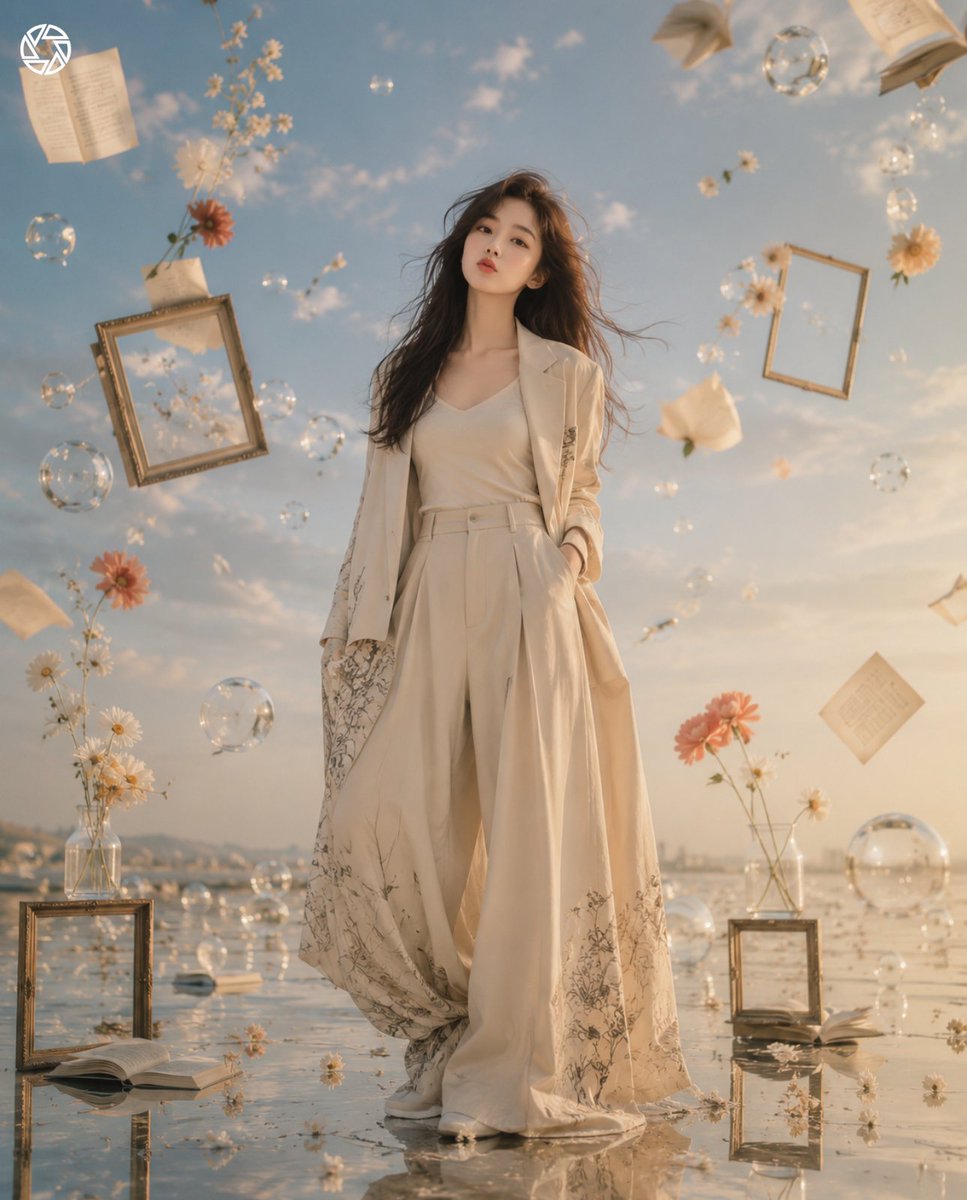 空灵超现实的时尚场景,一位女性站在开阔天空下的一面倒影地面上,周围环绕着漂浮的物体(书籍、纸张、花朵、玻璃球、画框),柔和的风动,优雅的长款大…, 图片 1