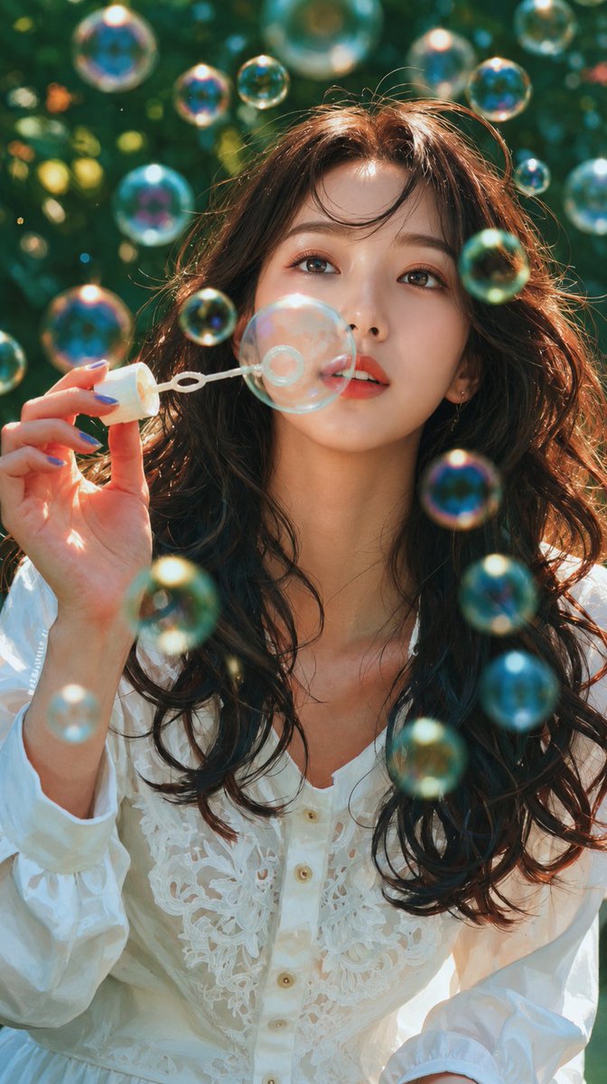 超写实电影感人像肖像，户外郁郁葱葱的绿色花园中，一位美丽年轻的东亚女性，嘴唇旁手持泡泡棒吹出肥皂泡，眼神梦幻地直视镜头，深棕色长波浪卷发自然飘…, 图片 1