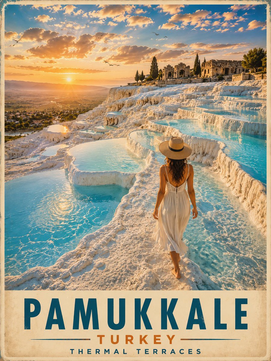 超具传播力的复古风格土耳其棉花堡(Pamukkale)旅行海报,采用永恒的复古旅游设计风格。令人屏息的黄金时刻场景,标志性的白色石灰华热阶梯从…, 图片 2