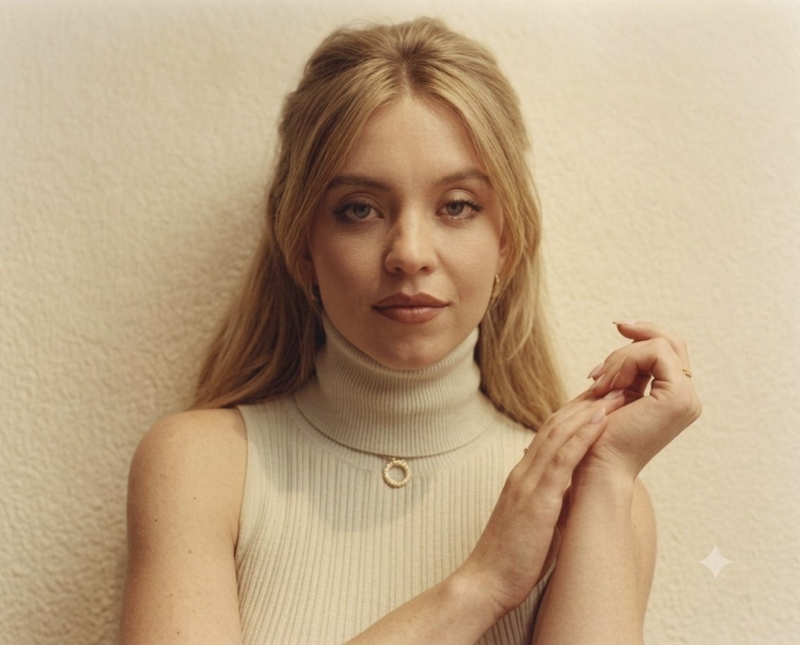 一幅高品质的悉尼·斯威尼(Sydney Sweeney)近距离肖像,她优雅地摆姿势,背景是温暖、有质感的米白色。她身穿一件奶油色罗纹无袖高领上…, 图片 2