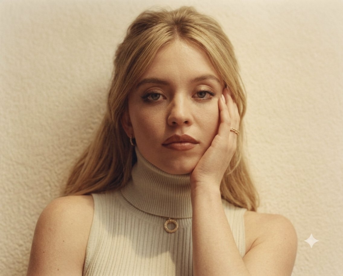 一幅高品质的悉尼·斯威尼(Sydney Sweeney)近距离肖像,她优雅地摆姿势,背景是温暖、有质感的米白色。她身穿一件奶油色罗纹无袖高领上…, 图片 3