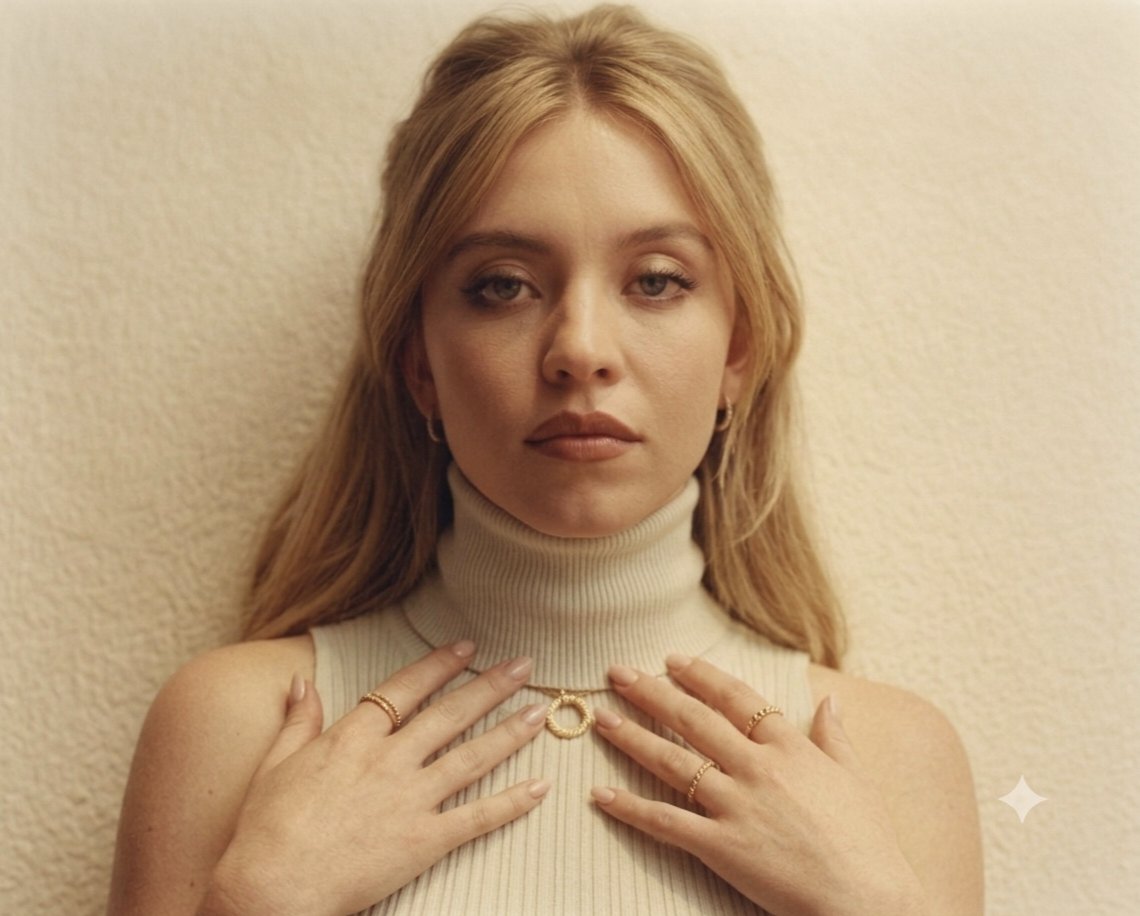 一幅高品质的悉尼·斯威尼(Sydney Sweeney)近距离肖像,她优雅地摆姿势,背景是温暖、有质感的米白色。她身穿一件奶油色罗纹无袖高领上…, 图片 4