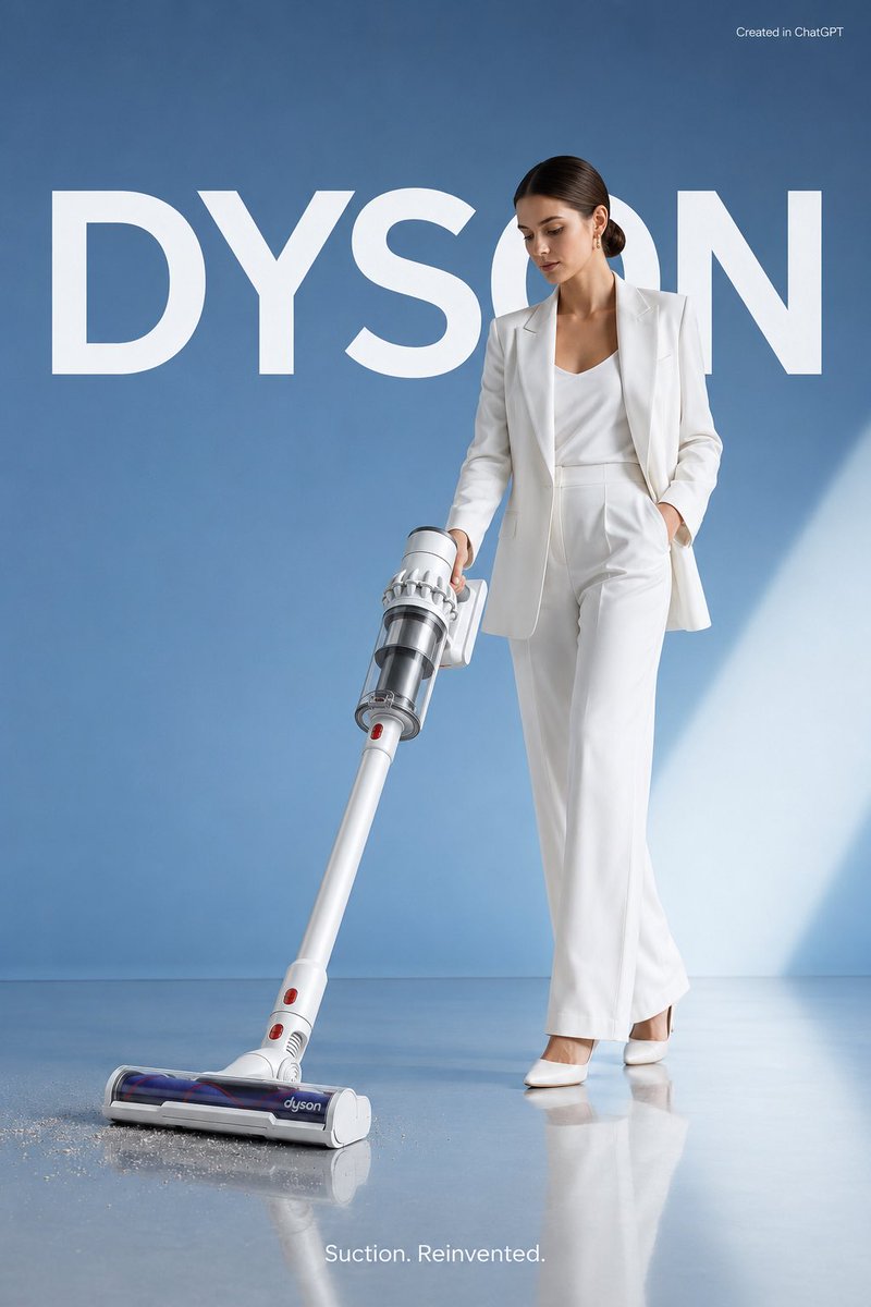 极简风格的商业广告,主打产品为一台超大尺寸的白色 Dyson V15 吸尘器,整体呈现极致洁净的奢华美学。一位时尚年轻女性身穿全白色时装造型,…, 图片 1