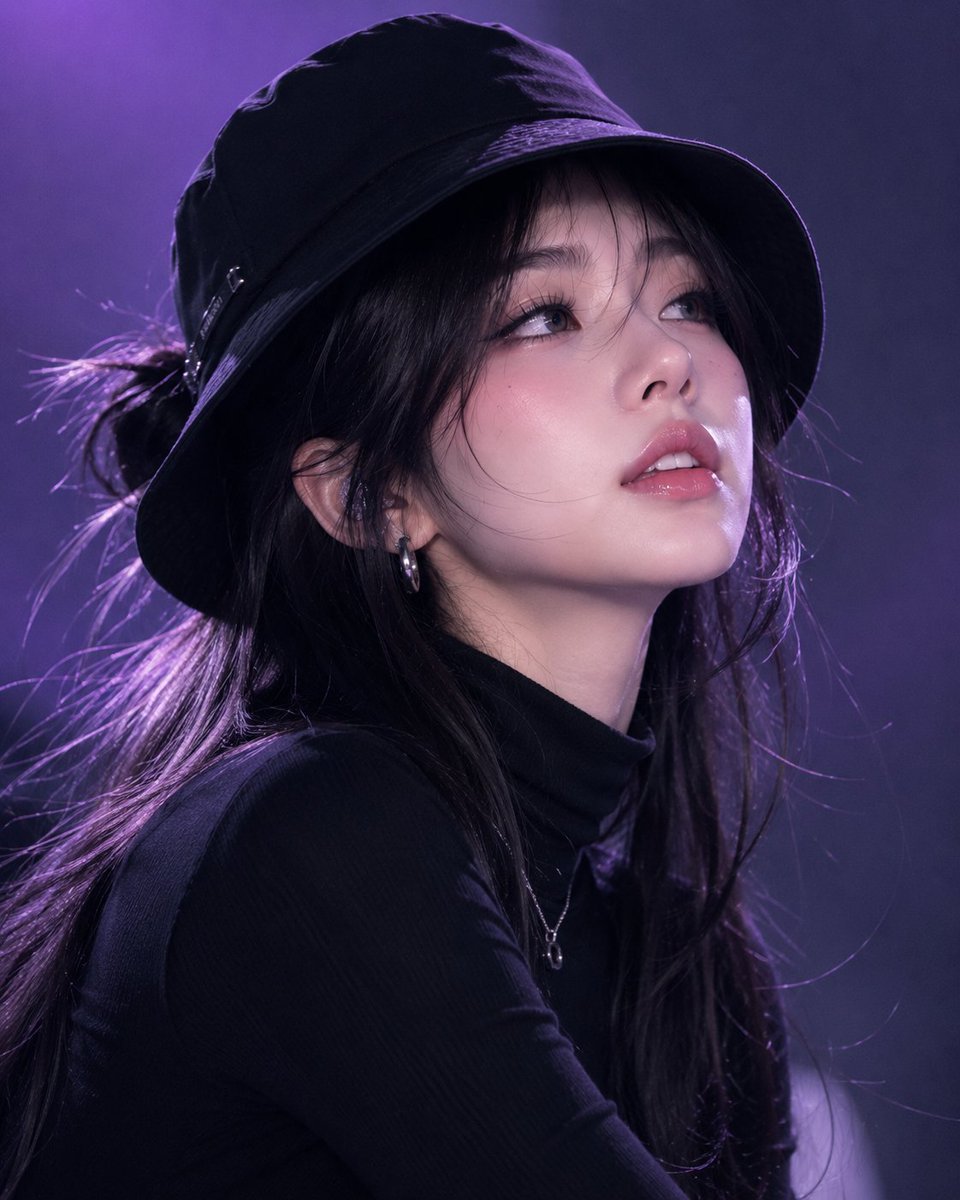 年轻韩国女性，黑色渔夫帽，黑色高领毛衣，长黑发扎成半扎发型，水光粉色双唇，无瑕光泽肌肤，下巴微微低垂，眼睛向上望向镜头，表情自信且神秘。极简渐…, 图片 1