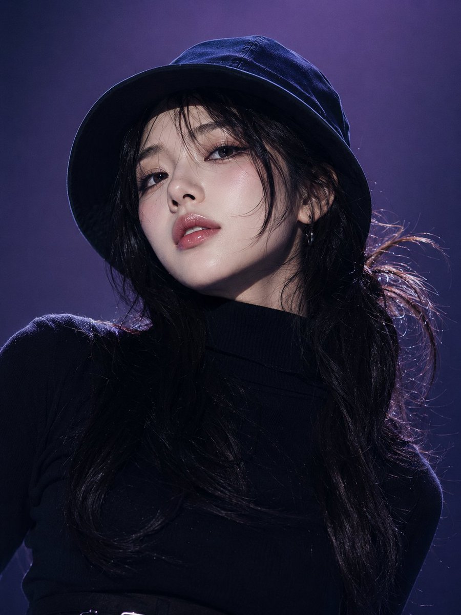年轻韩国女性，黑色渔夫帽，黑色高领毛衣，长黑发扎成半扎发型，水光粉色双唇，无瑕光泽肌肤，下巴微微低垂，眼睛向上望向镜头，表情自信且神秘。极简渐…, 图片 2