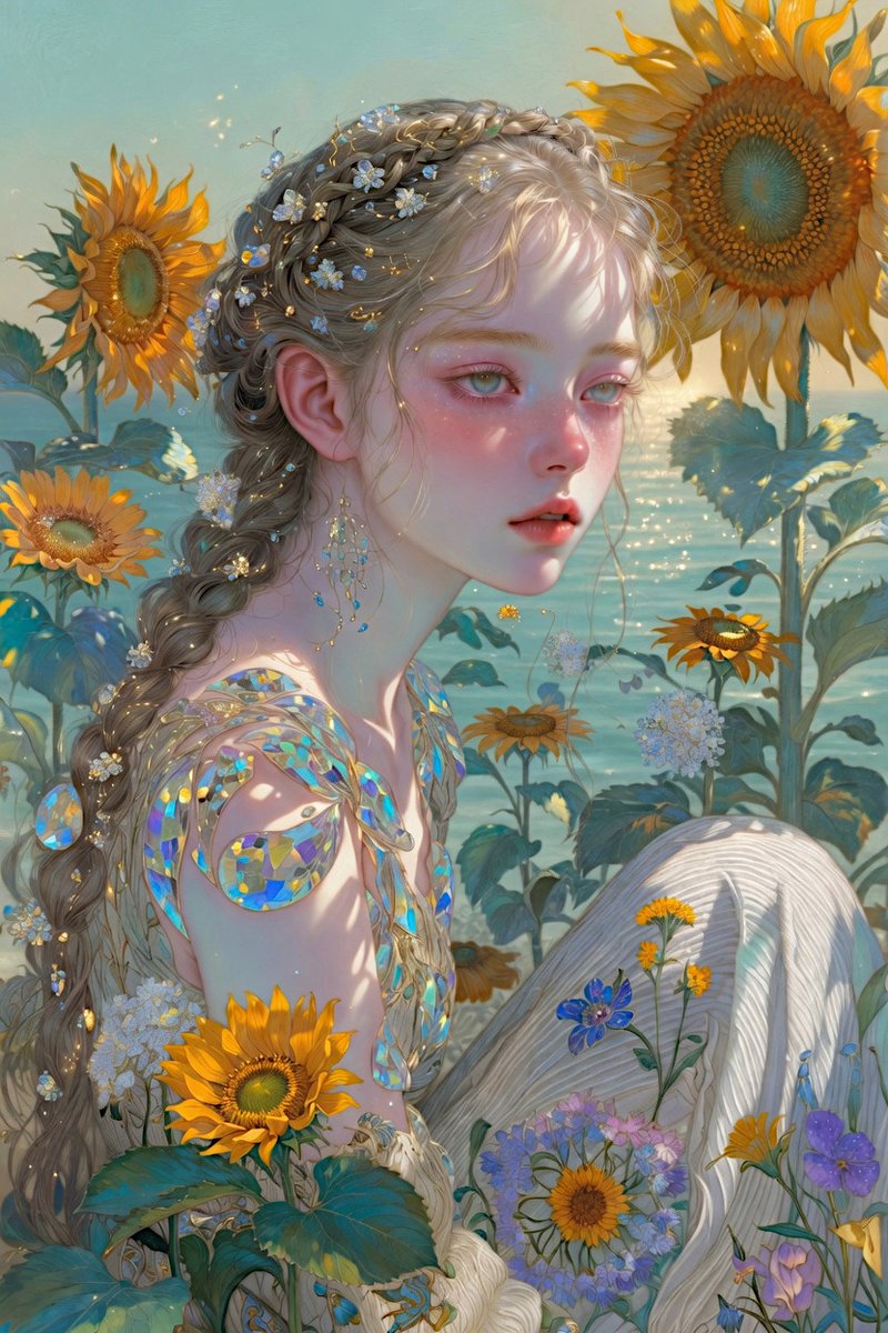 杰作级博物馆品质的翠绿金色梦境画作,超凡的夏日白昼幻想,1990年代动漫优雅融合高级时装的自然有机设计,琳派装饰,莫奈式夏日光辉,分形叙事密度…, 图片 1