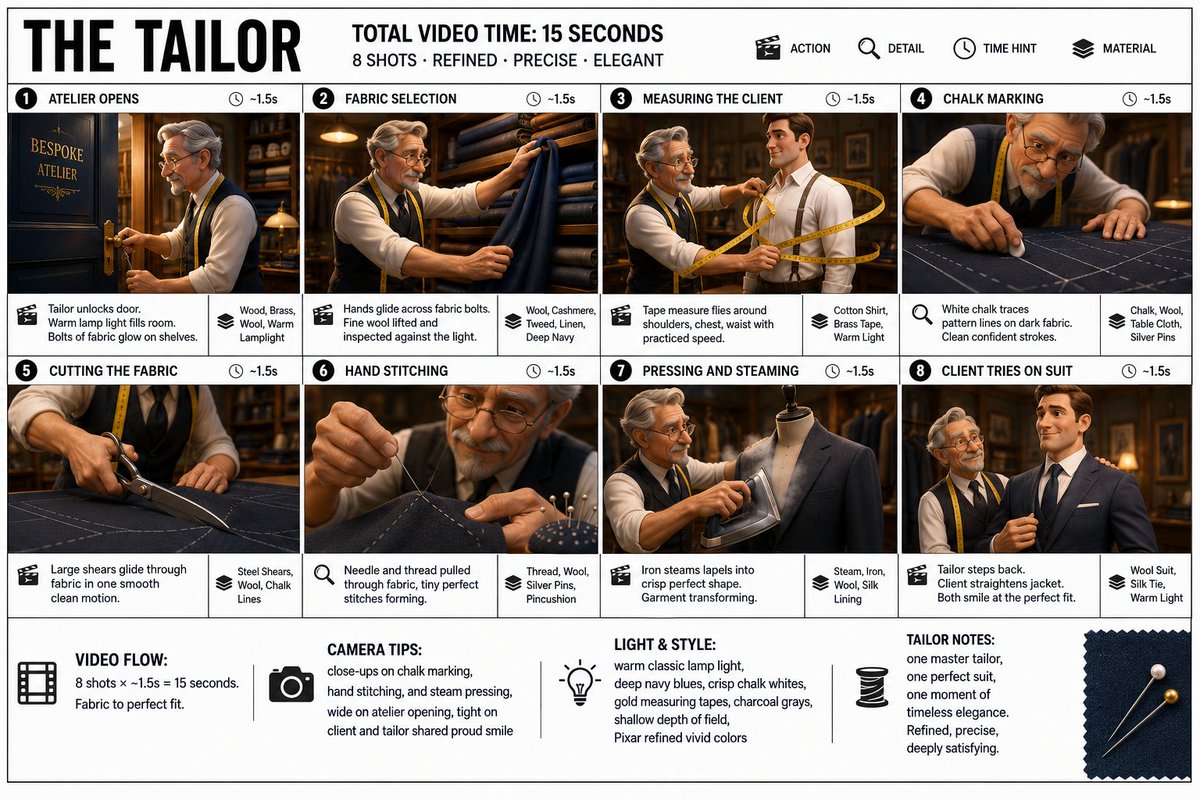 制作一张干净利落的「THE TAILOR(裁缝)」信息图故事板海报。宽幅 16:9 版式,白色背景,黑色边框,粗体黑色字体,采用皮克斯高级 3…, 图片 1