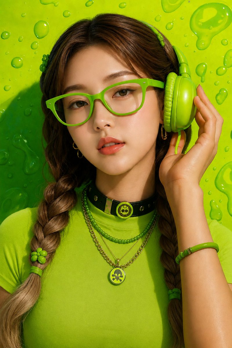 超写实特写时尚人像,年轻女性,居中构图,眼神平静自信地直视镜头,肤色白皙无瑕,双唇柔软光泽,妆容自然淡雅,棕色长发编成两条整洁的辫子马尾,搭配…, 图片 2