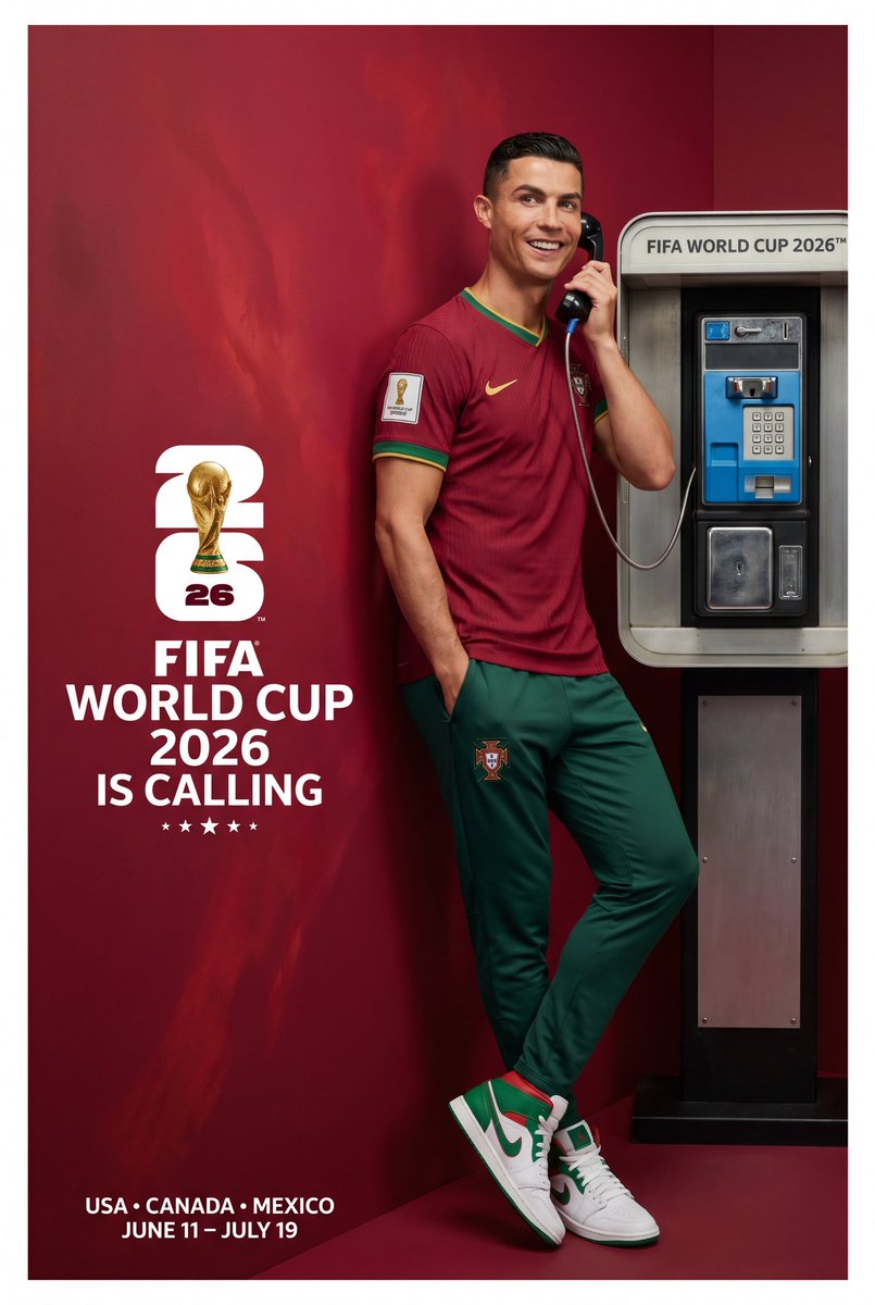 创作一张超高端的2026年国际足联世界杯全球广告宣传海报，由克里斯蒂亚诺·罗纳尔多代表葡萄牙出镜。画幅比例必须为4:5。最终图像必须看起来像由…, 图片 1