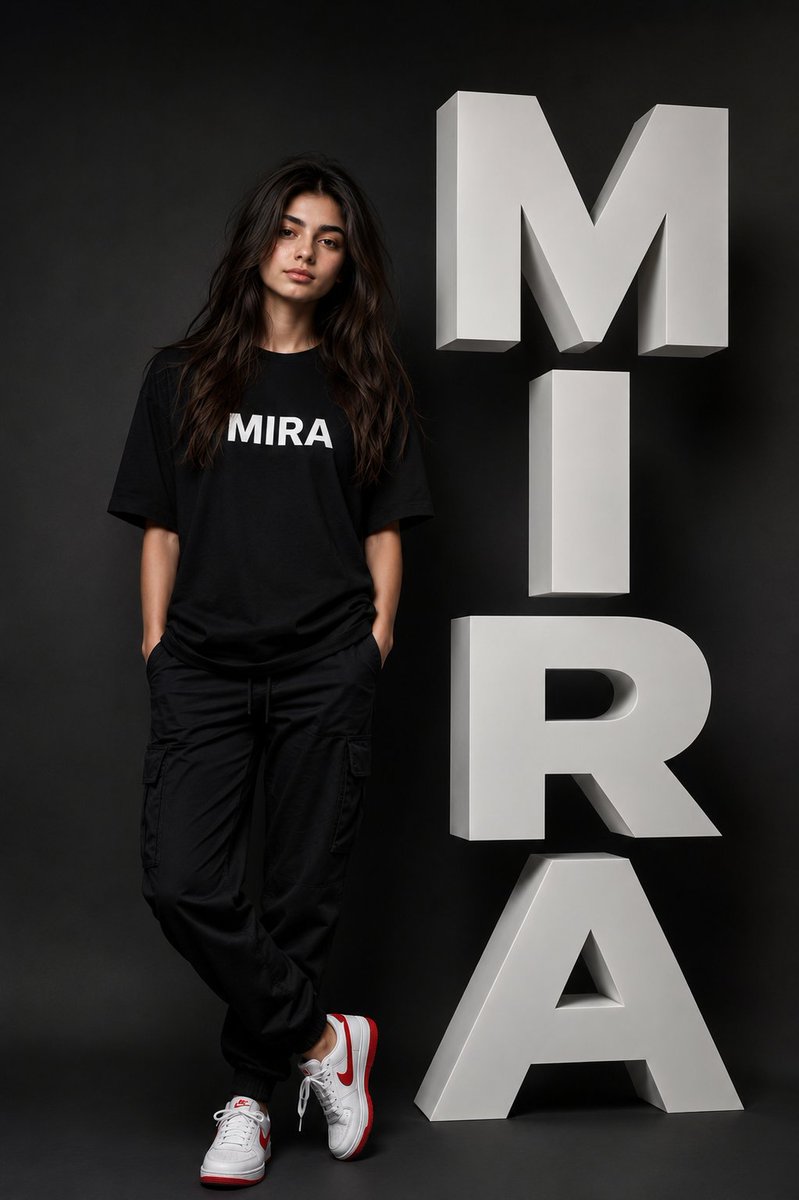 超写实时尚编辑风格海报:一位美丽的年轻女子站在巨大的垂直3D“MIRA”立体字旁。她拥有自然的小麦色肌肤、柔和的五官、棕色长波浪卷发,不戴眼镜…, 图片 1