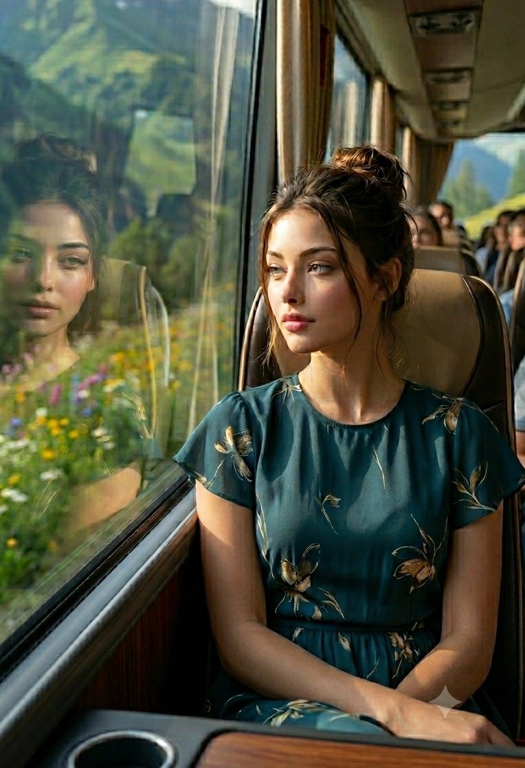 超写实电影感旅行人像 9:16，一位美丽的年轻女性舒适地坐在豪华大巴内靠大型窗户的位置，望向窗外郁郁葱葱的青山和色彩斑斓的花朵。背景座位上，其…, 图片 1
