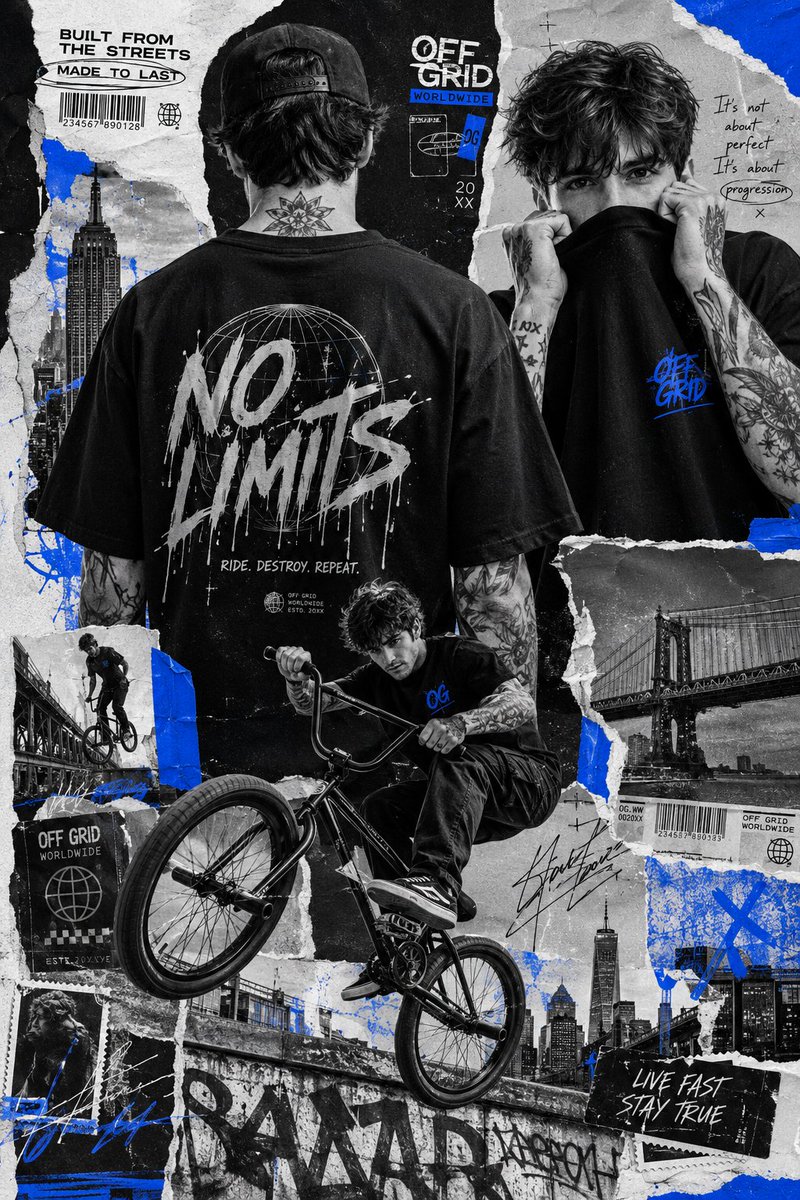 超创意街头服饰拼贴海报，以一位有纹身的BMX骑手和城市生活方式运动员为特色。多张剪贴照片以分层混合媒介构图排列。一幅背对镜头的大型肖像位于画面…, 图片 1