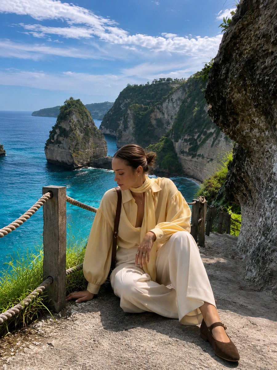 超写实奢华旅行时尚编辑摄影，画面中一位气质高雅的年轻女性自然地坐在悬崖边的海岸小径上，俯瞰壮丽的热带天堂。她身穿飘逸的粉彩色黄色丝质衬衫，袖型…, 图片 2