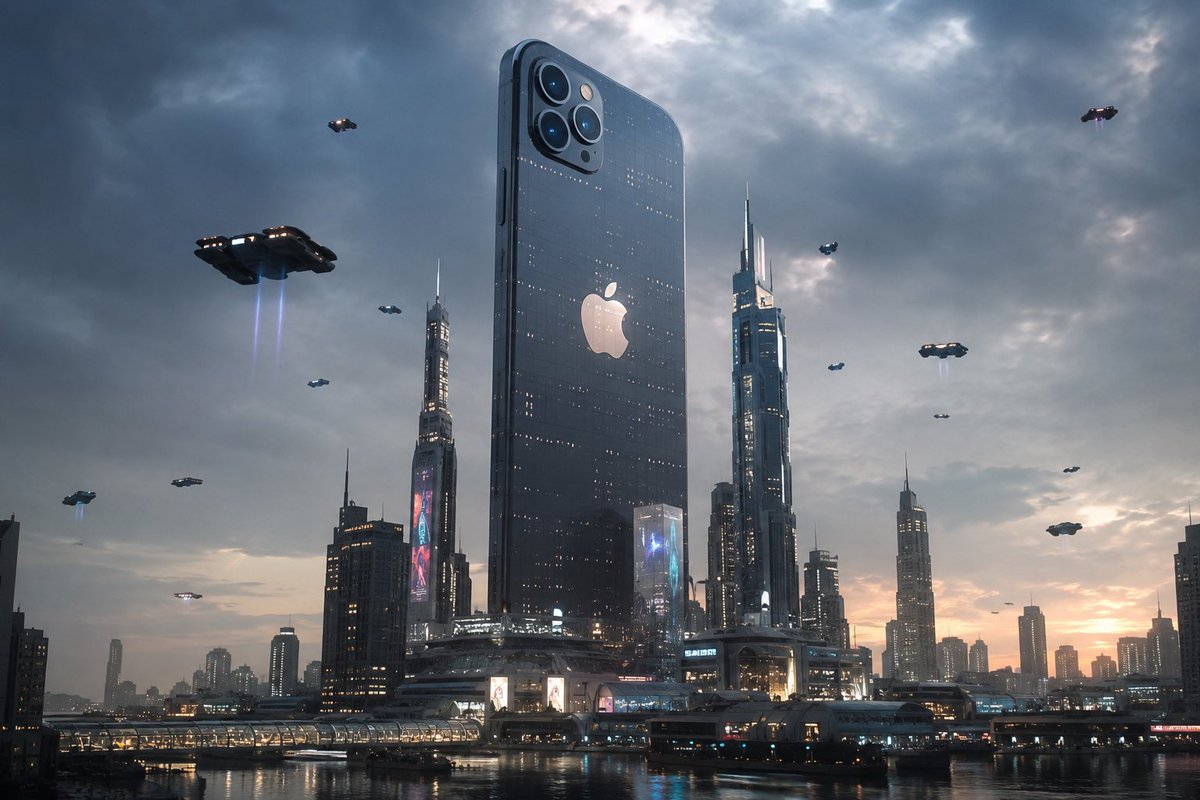 一座未来主义城市,由一座巨型苹果iPhone如摩天大楼般矗立主导,发光的屏幕照亮周围的建筑,飞行车辆,赛博朋克氛围,超写实建筑风格,电影级商业…, 图片 1