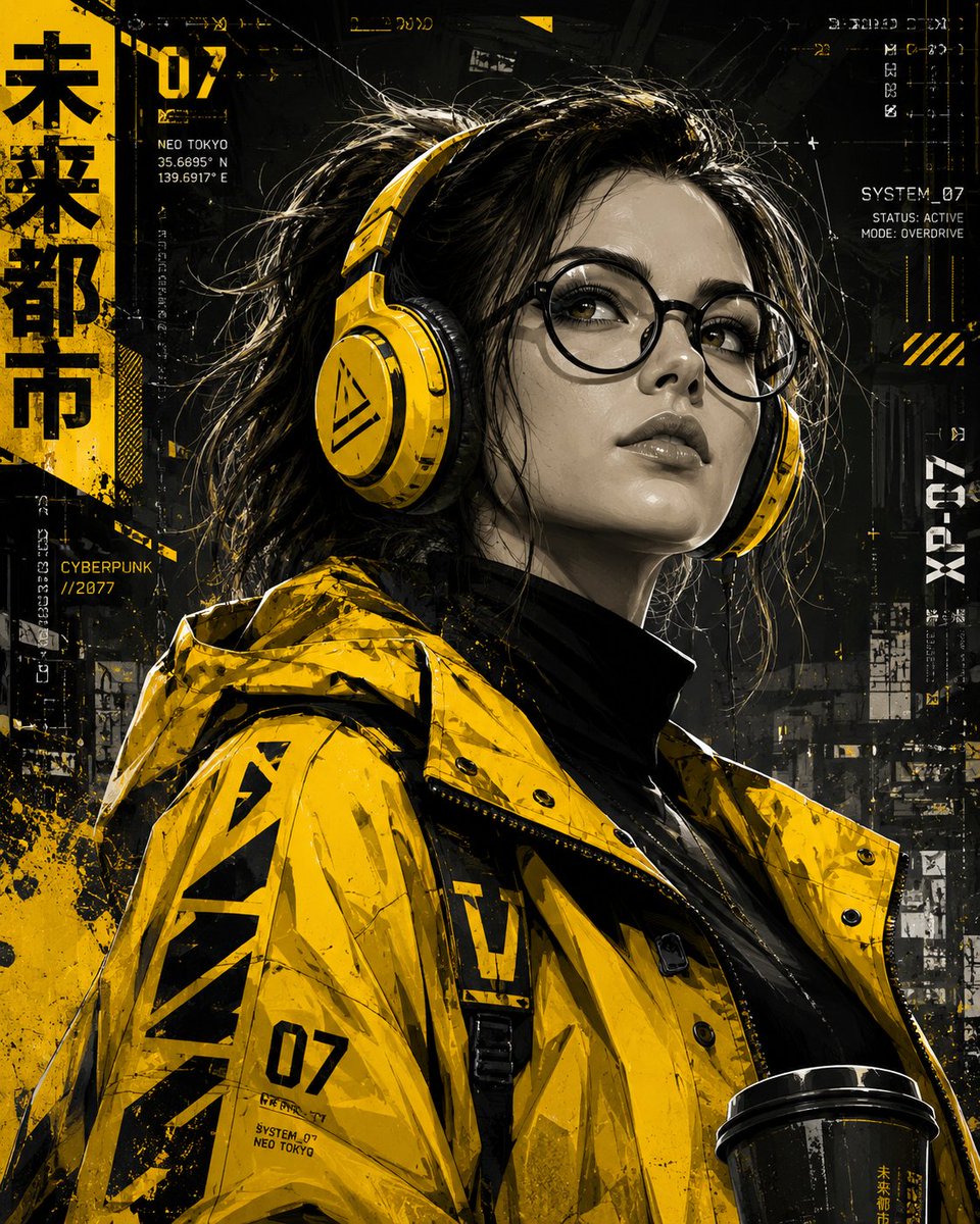 超精细赛博朋克风格数字插画，高端图形海报风格，描绘一位时尚前卫的未来主义年轻女性，目光充满智慧与分析感。她拥有富有表现力的杏仁形双眼、优雅的椭…, 图片 1