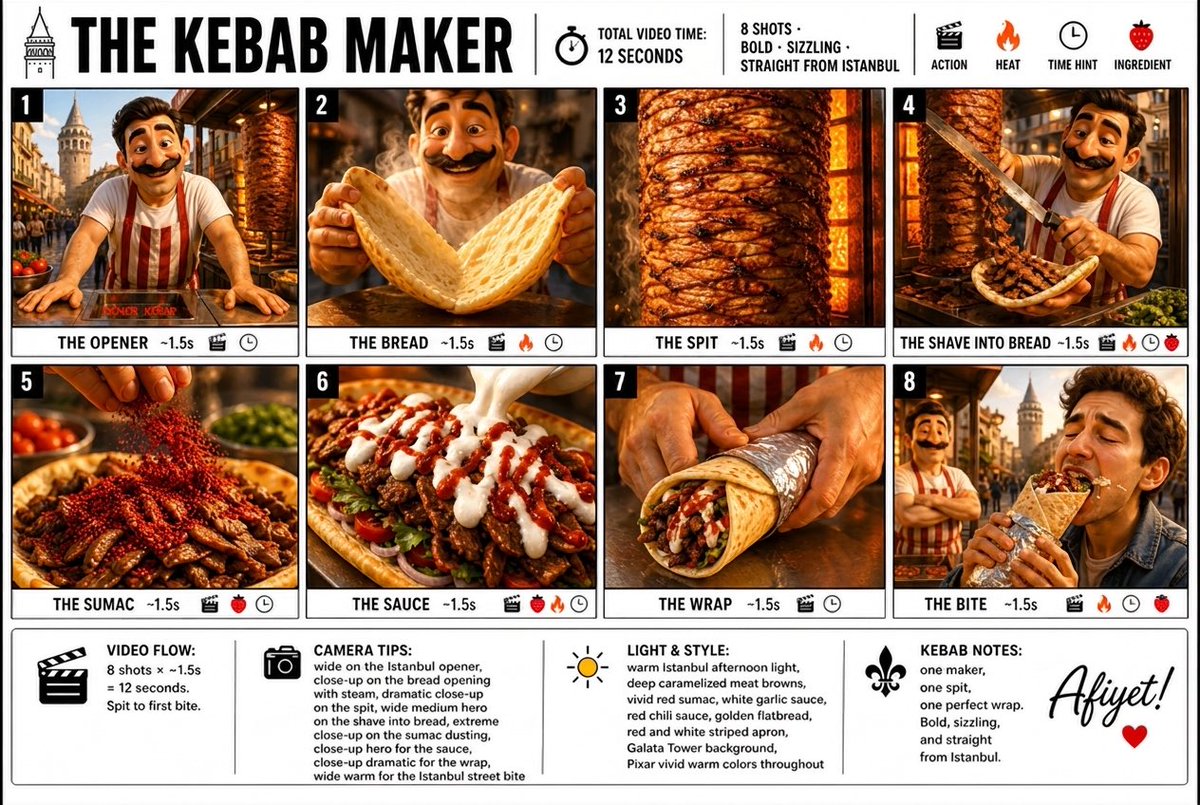 “为「THE KEBAB MAKER（土耳其烤肉大师）」制作一张清晰、简洁的信息图式分镜海报。宽屏 16:9 布局，白色背景，黑色边框，醒目的…, 图片 1