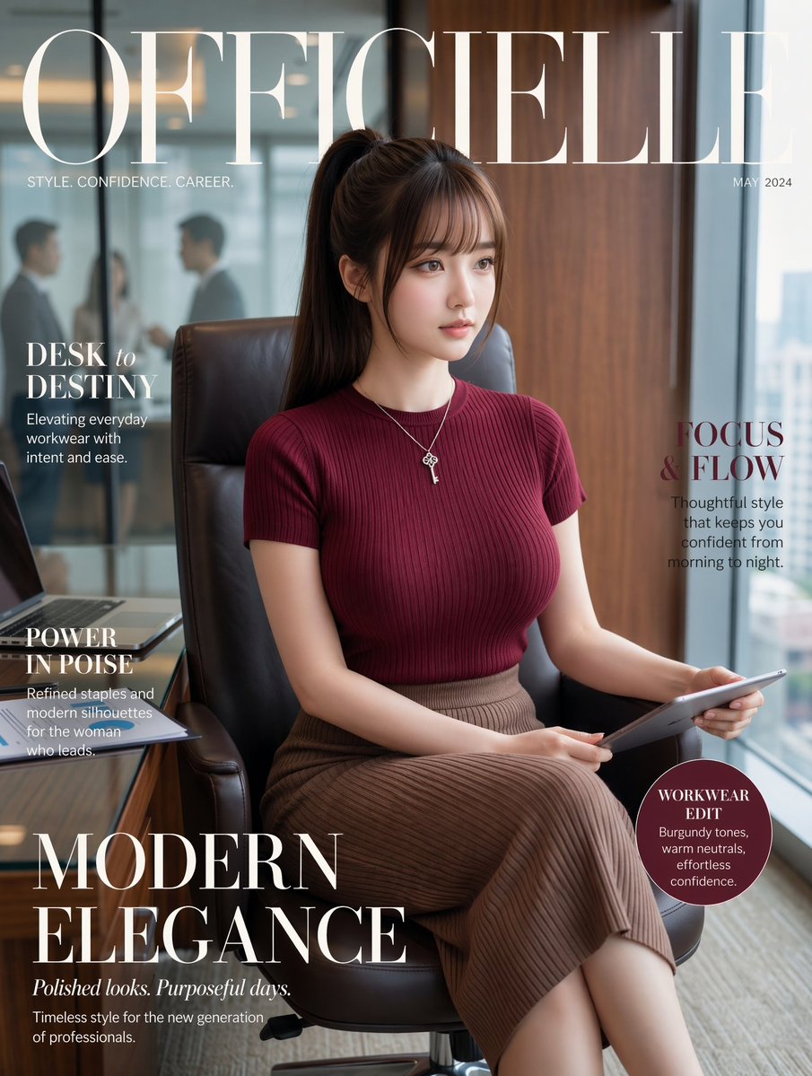 豪华时尚杂志封面，竖版肖像，画面中一位从容自若的年轻职业女性端坐在现代高层办公空间的一张黑色真皮办公椅上。她有着{argument name=…, 图片 1