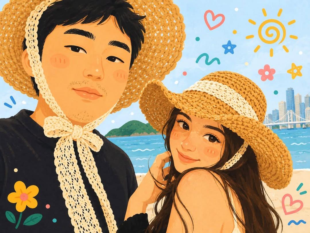 将上传的照片转换为一幅可爱的手绘韩国网络漫画风格插画,画中是一对幸福的情侣在户外自拍。柔和的粉彩色调,圆润有表现力的大眼睛,粉扑扑的脸颊,温暖…, 图片 2