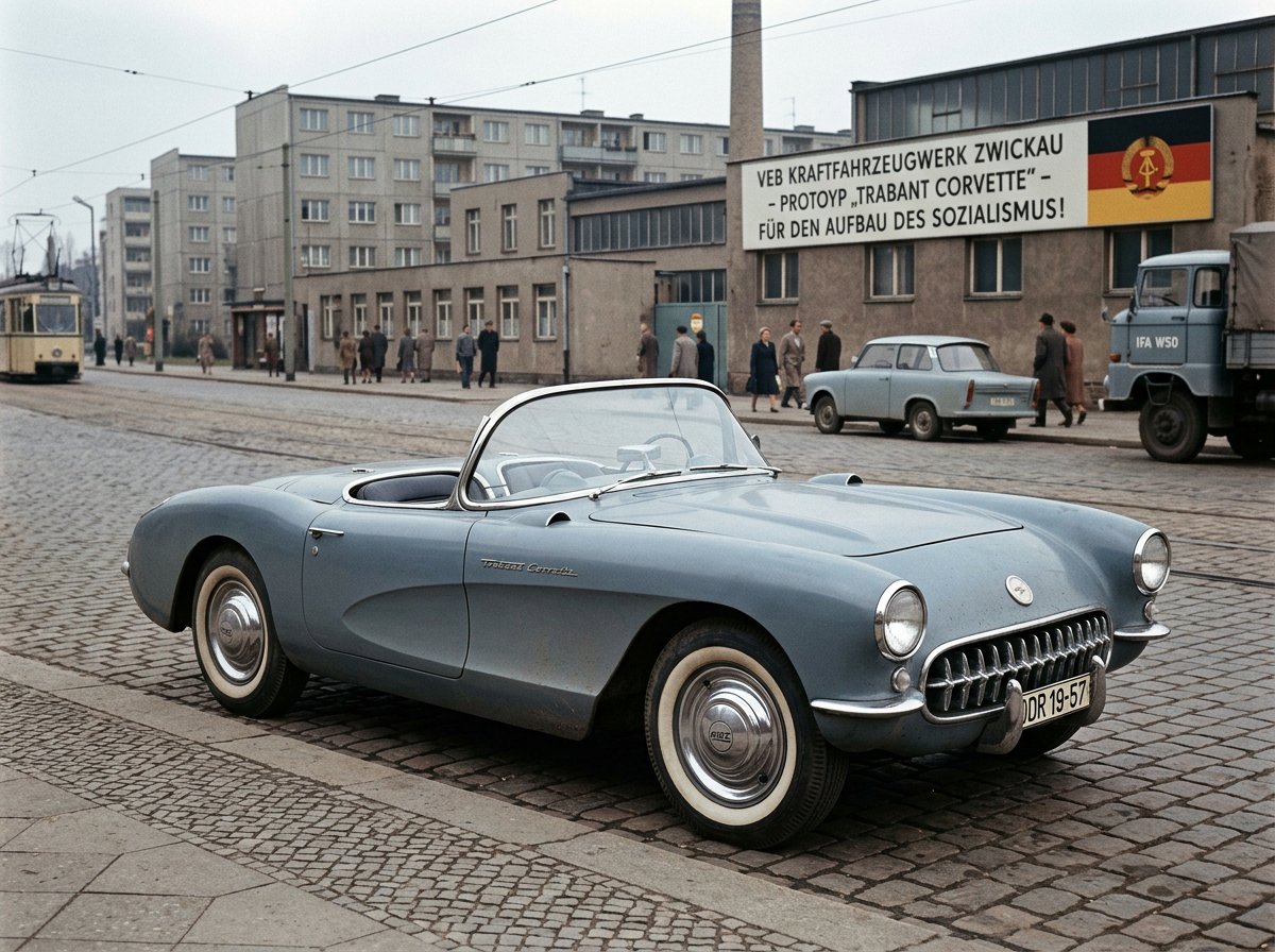 雪佛兰Corvette 1957年由东德Trabi工程师设计,复古东德汽车设计,社会主义工业美学,现实主义架空历史 https://t.co/…, 图片 1