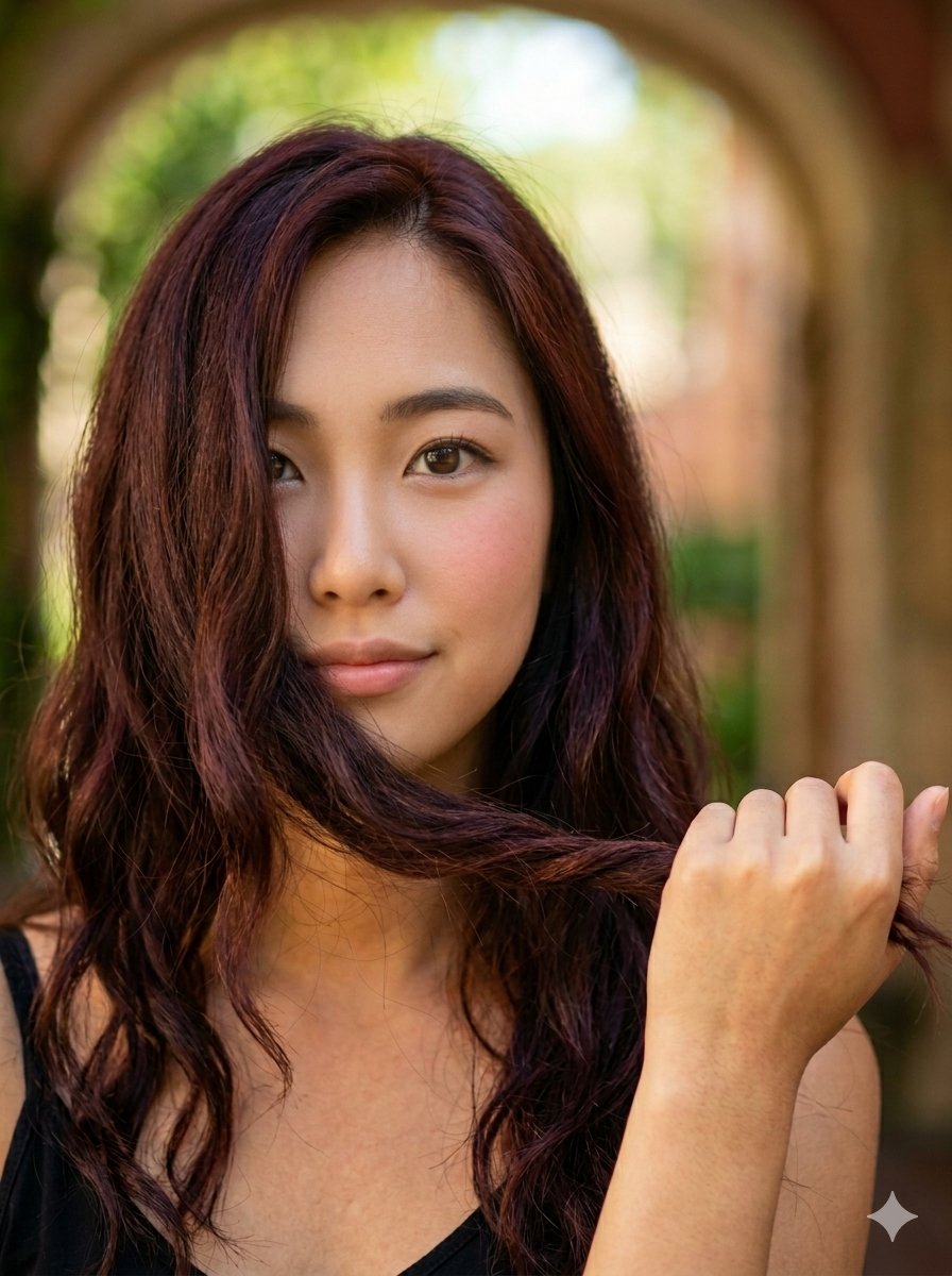 一张竖构图、特写、彩色的年轻韩国女性肖像，表情可爱动人。她带着温柔柔和的微笑，拥有一双大而有表现力的棕色眼睛，脸颊上隐约透着红晕。她的深红棕色…, 图片 1