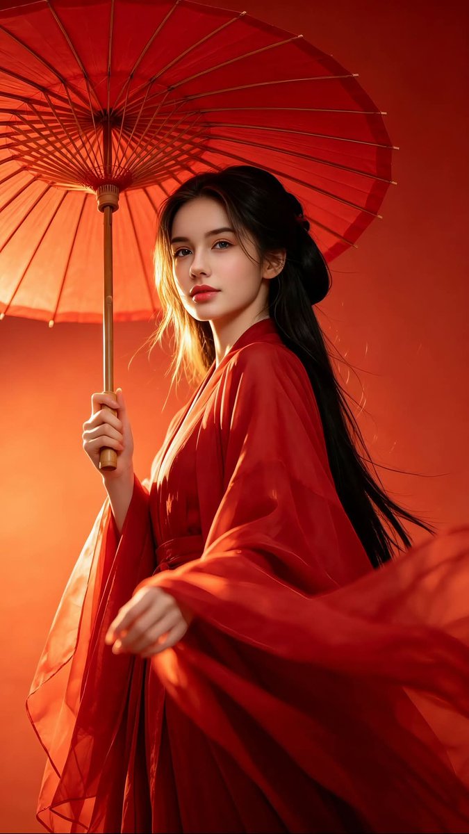 超写实摄影,灵感源自中国古典奇幻时尚。一位美丽的年轻女子,面容青春柔美,长发飘逸如瀑,身着鲜艳的绯红色传统汉服,宽袖轻盈飘逸,优雅的衣料在风中…, 图片 1