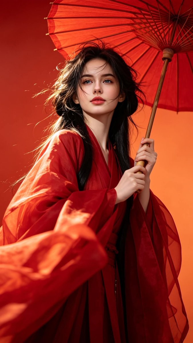 超写实摄影,灵感源自中国古典奇幻时尚。一位美丽的年轻女子,面容青春柔美,长发飘逸如瀑,身着鲜艳的绯红色传统汉服,宽袖轻盈飘逸,优雅的衣料在风中…, 图片 2