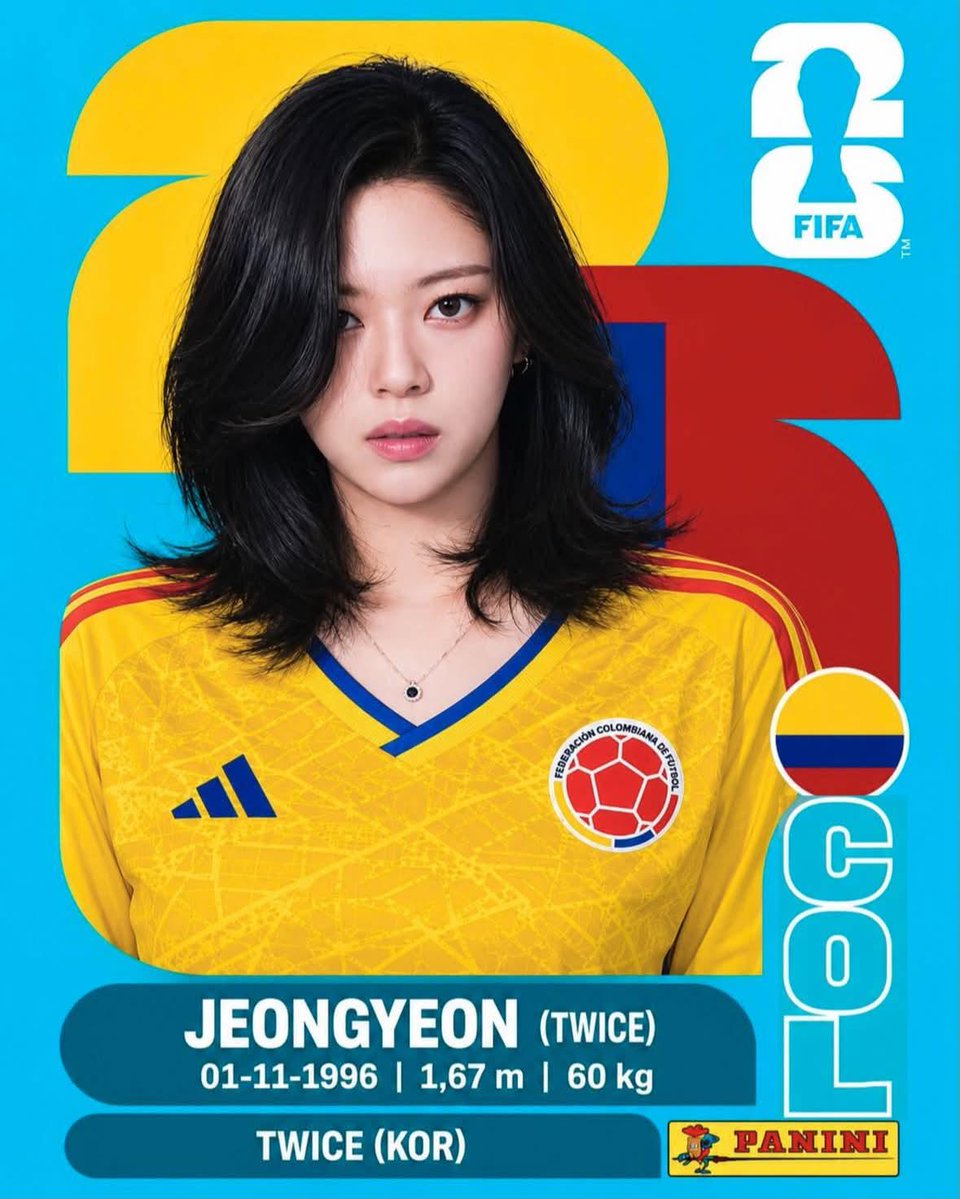 制作一张高端的 Panini(帕尼尼)2026 年 FIFA 世界杯收藏贴纸卡,主题为一位 K-pop 偶像化身职业足球运动员。竖版 2:3 …, 图片 2