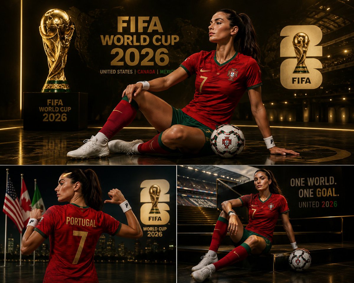 创建一张高级感十足的 3 面板 FIFA 2026 世界杯灵感体育海报拼图,画面中是一位自信的女性足球支持者,身穿葡萄牙国家队官方球衣和完整的…, 图片 1