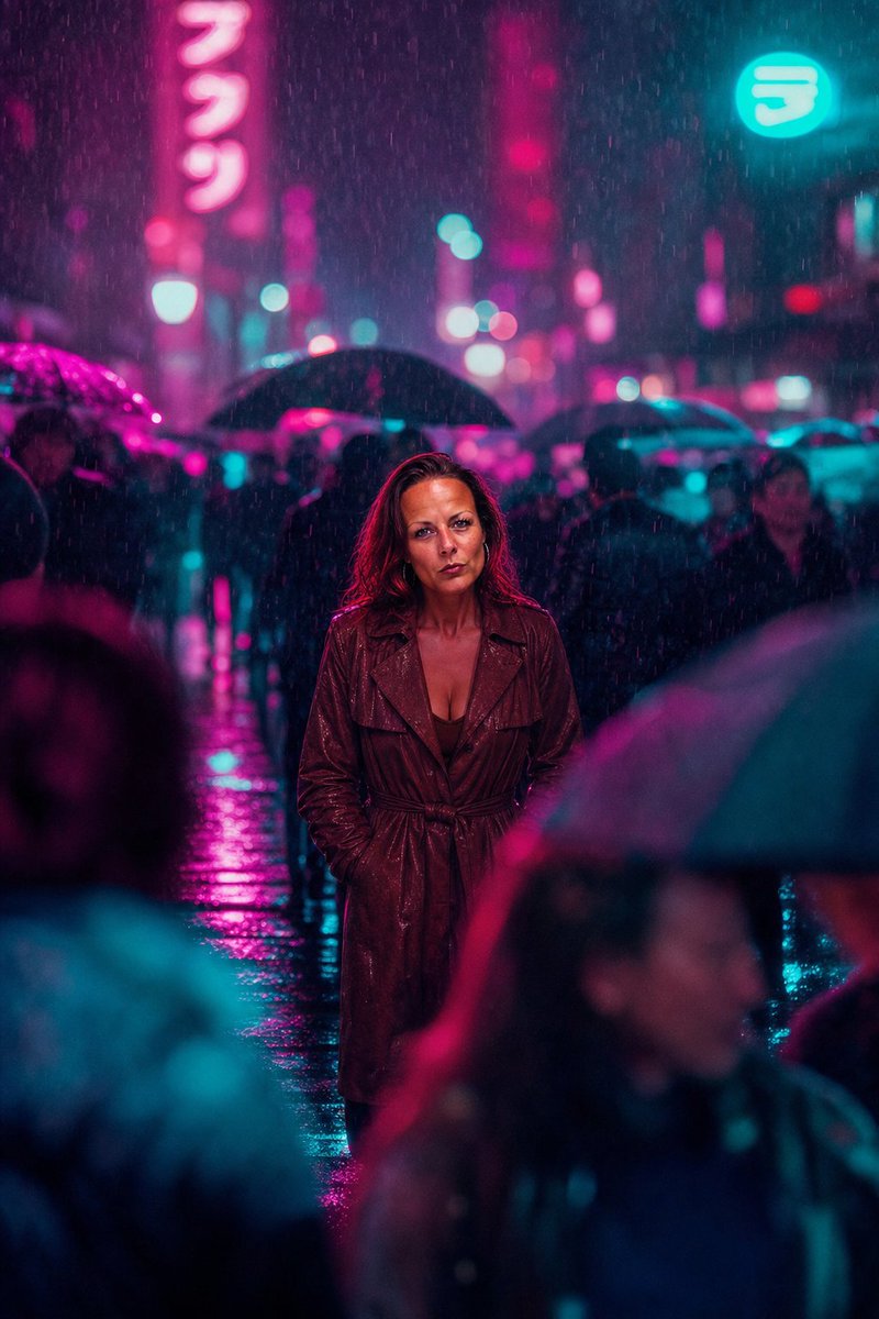 主体在夜晚拥挤的雨街对面通过长焦镜头拍摄,压缩模糊和霓虹反射在 [COLOR 1] 和 [COLOR2] 中饱和 https://t.co/Z…, 图片 1