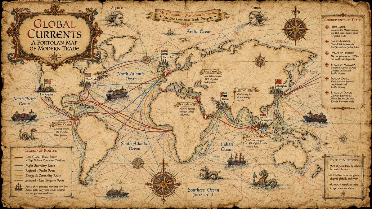 中世纪海港图（portolan chart）风格的信息图海报，16:9 横版，展示当今全球主要海上贸易航线，设计成仿佛一幅绘制在陈旧羊皮纸上的…, 图片 1