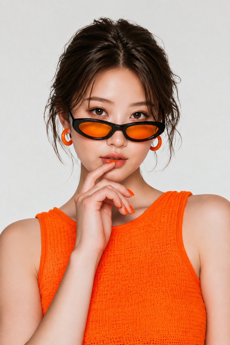 超写实高端时尚美妆人像摄影，年轻东亚女性，居中构图，自信优雅地直视镜头。柔和无瑕的瓷白肌肤，温暖的大棕色眼睛，精致淡妆配以细腻眼线，柔和蜜桃色…, 图片 1