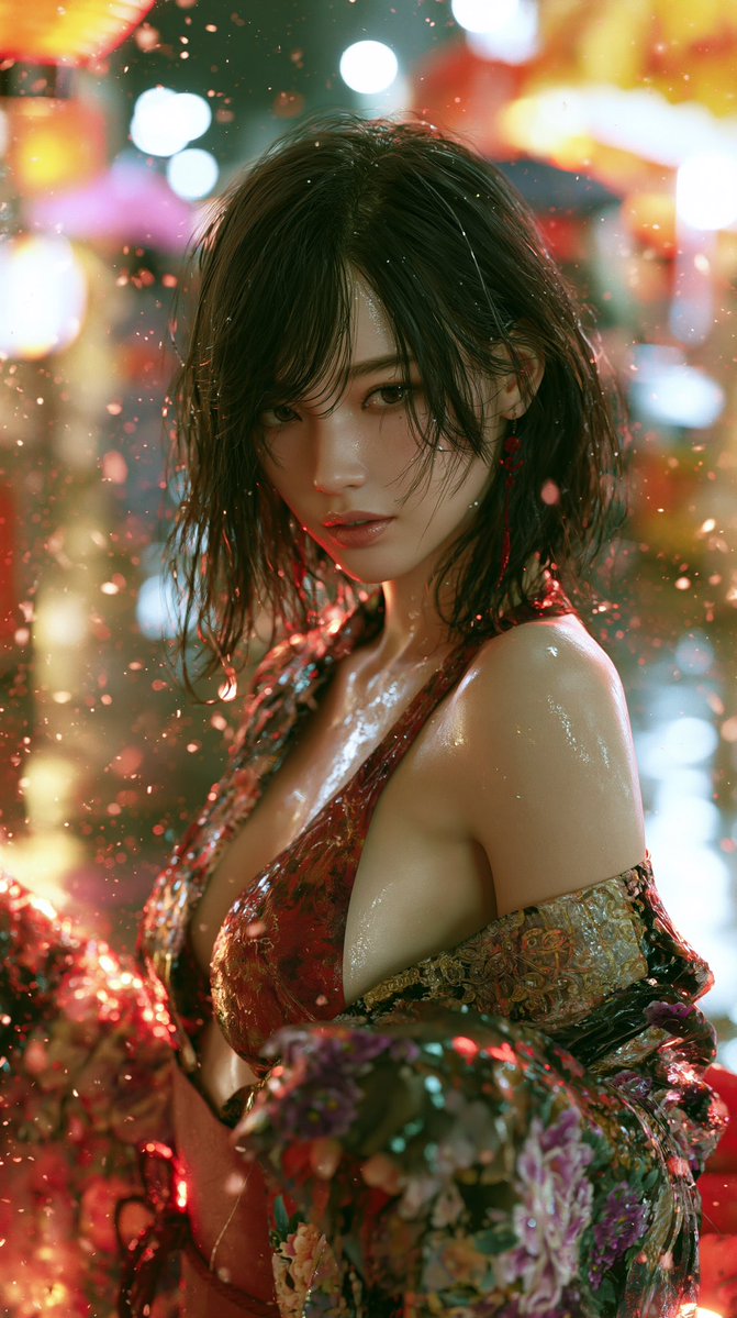 一张超写实的智能手机照片。一位二十出头的日本女性。她拥有丝滑的黑发,散发着神秘的气质。她穿着一件略带精致图案的和服,非常适合夏日祭典。她的肌肤…, 图片 1
