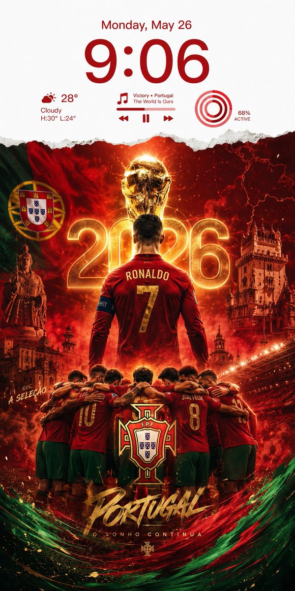 受葡萄牙2026年国际足联世界杯之旅启发打造的至尊级足球智能手机锁屏壁纸。整体构图以惊艳的红、绿、金三色调为主导。画面核心是一位传奇葡萄牙足球…, 图片 1