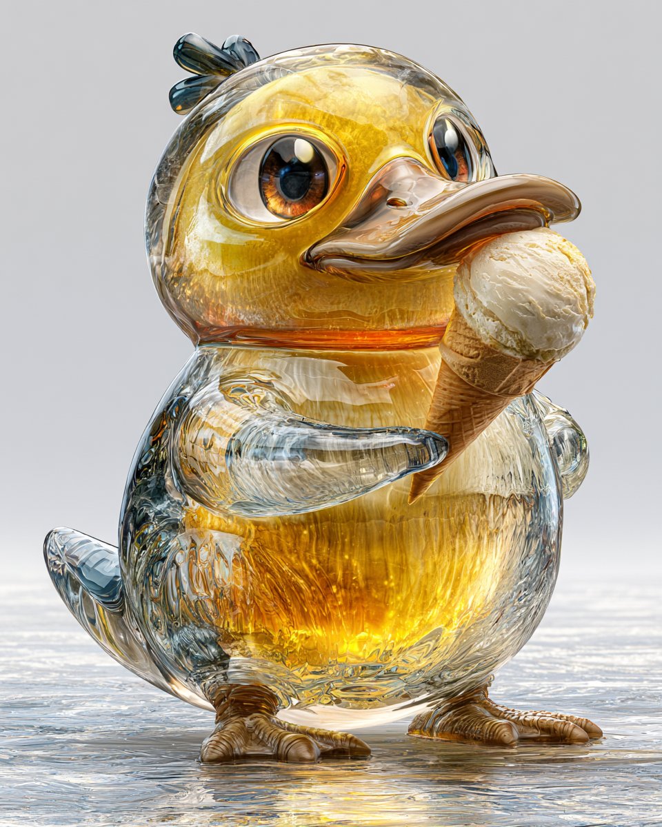 宝可梦主角团体中的可达鸭（Psyduck）正在吃一个香草冰淇淋甜筒，全身可见，站立于洁净的摄影棚场景中，由完全透明的玻璃状果冻材质制成，水晶般…, 图片 1