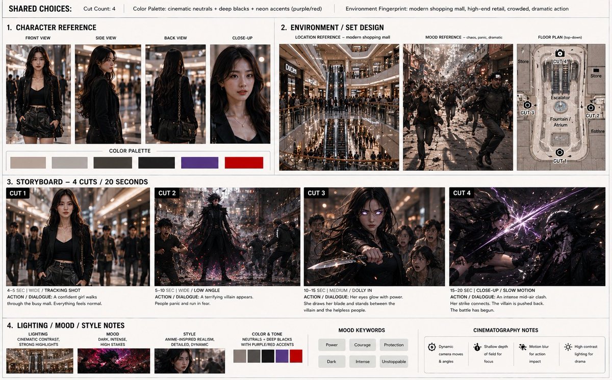 电影分镜画面:一位25岁左右的年轻东亚女性站在繁忙的现代购物中心中,姿态自信,穿着时尚。第二格:一位身穿戏剧性黑色服装的高大黑暗动漫风格反派出…, 图片 1