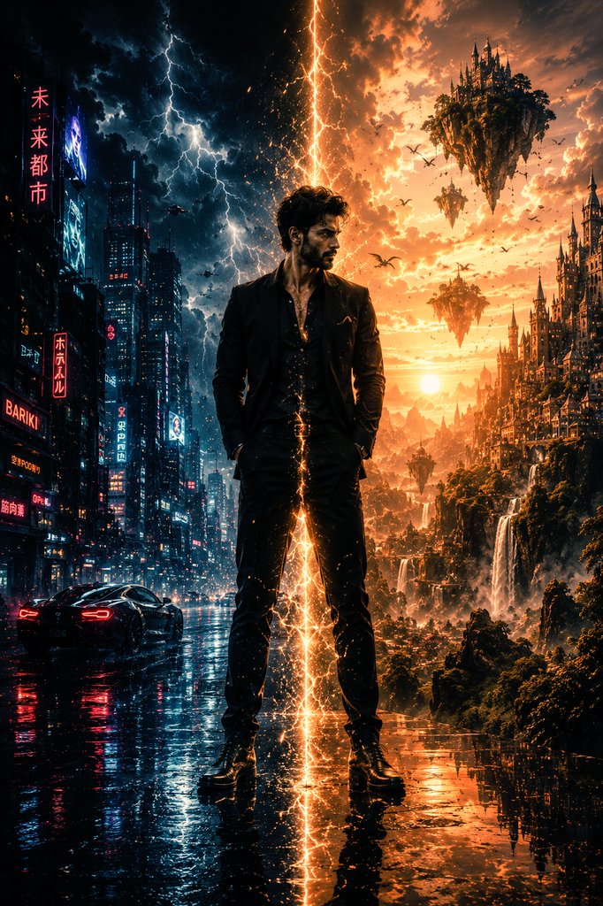 “一幅极致电影感的奇幻科幻艺术作品:一位极其英俊、神情坚毅、留着胡须的男子,身着奢华黑色西装,下颌线条锋利,眼神锐利,气场强大,自信地伫立在两…, 图片 1