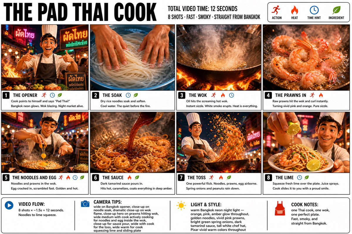 “为《THE PAD THAI COOK（泰式炒河粉厨师）》制作一份清晰、简洁的信息图式故事板海报。宽幅 16:9 布局，白色背景，黑色边框，…, 图片 1