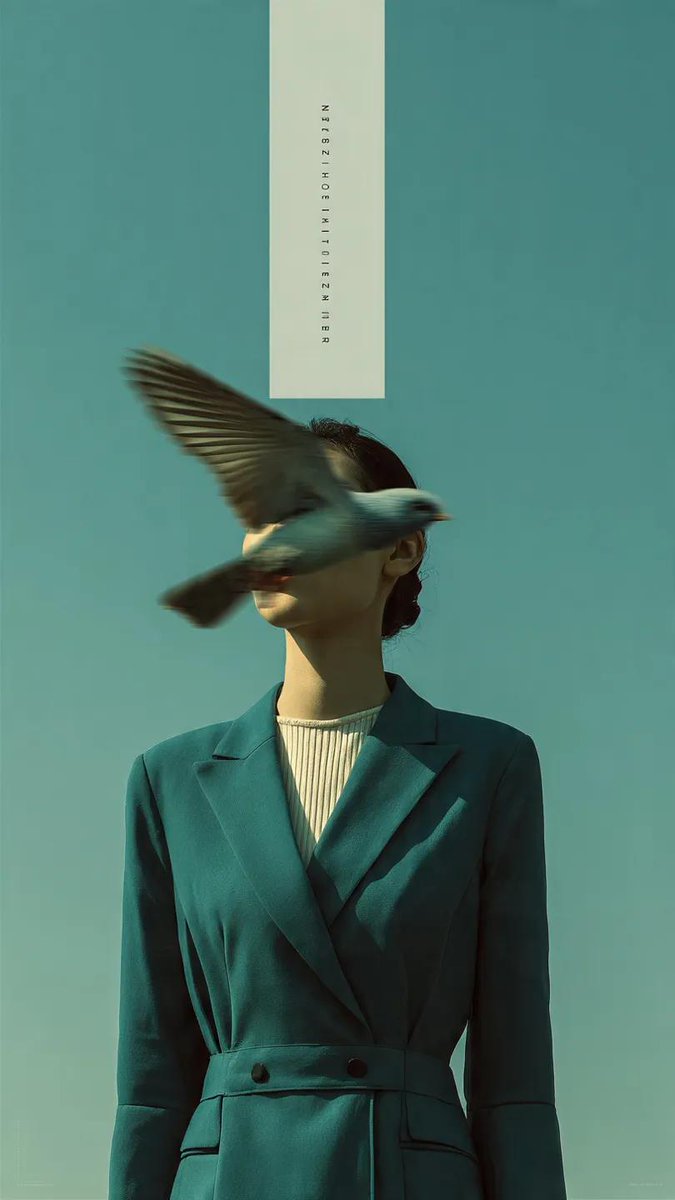 时尚大片拍摄,一位身穿结构感深青色西装外套的女子站在淡蓝色开阔的天空下。一只鸟以重度动态模糊掠过她的脸庞,以纯粹的超现实主义形式遮住她的五官。…, 图片 2