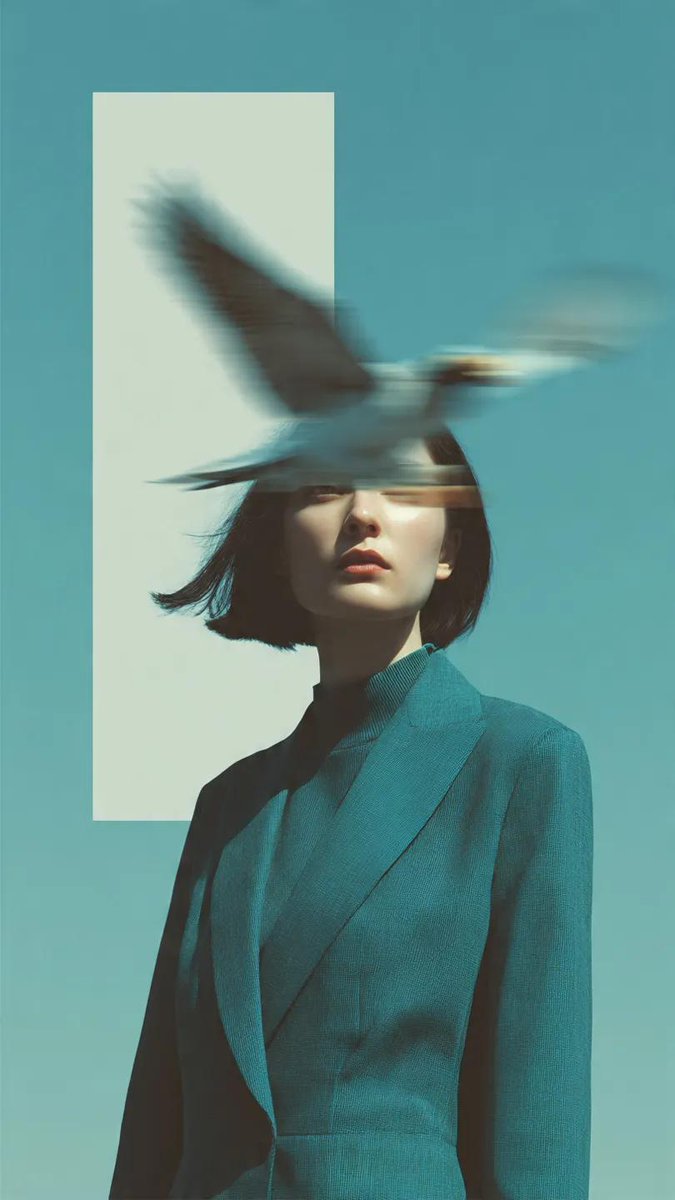 时尚大片拍摄,一位身穿结构感深青色西装外套的女子站在淡蓝色开阔的天空下。一只鸟以重度动态模糊掠过她的脸庞,以纯粹的超现实主义形式遮住她的五官。…, 图片 4